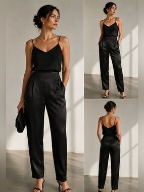 Sylvia Heisel Vintage 2000 Black 100% Silk Satin Pants Size 14 NWOT